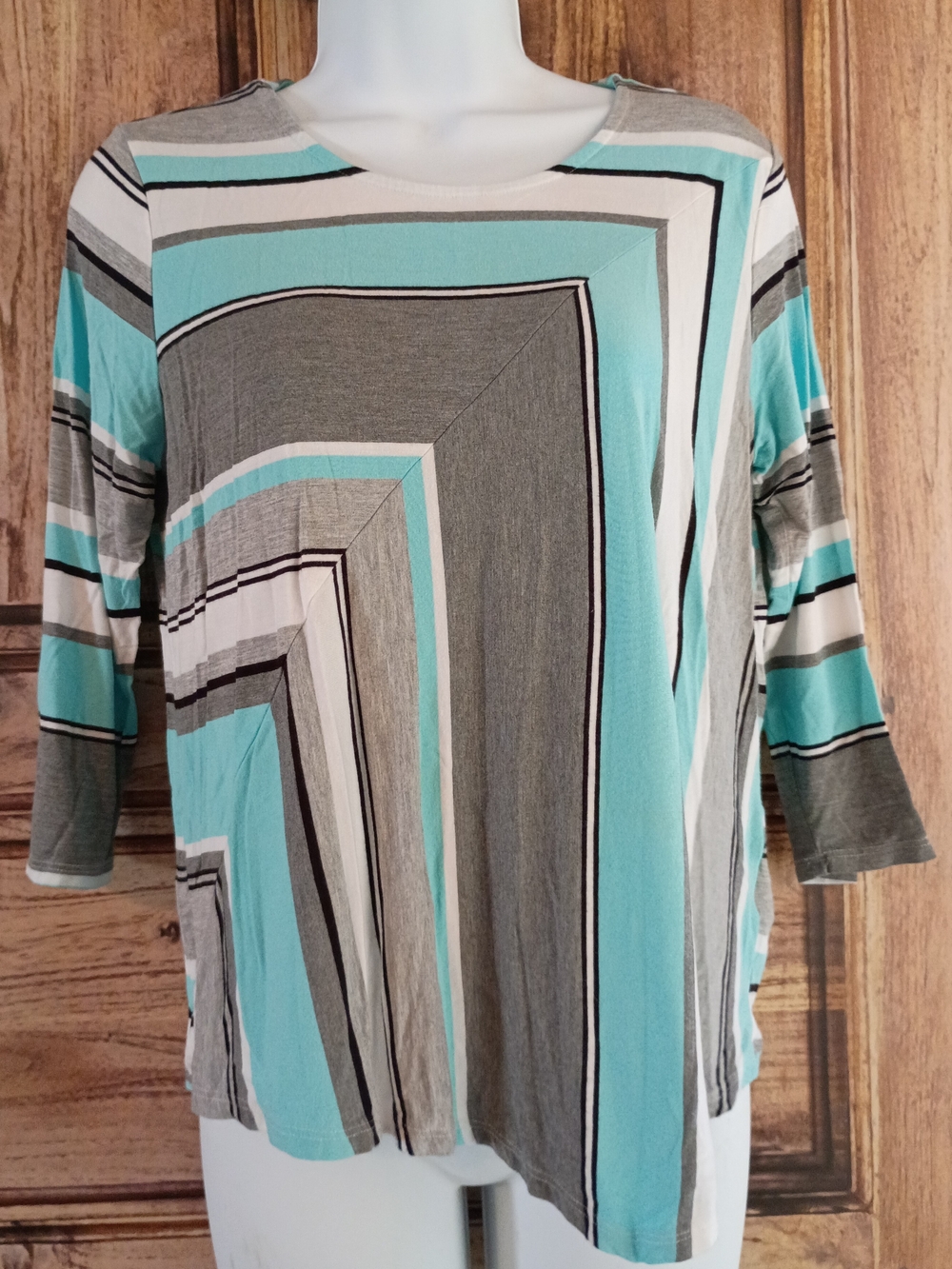 Alfred Dunner Aqua, Gray & White Geometric Stripe Long Sleeve Top
